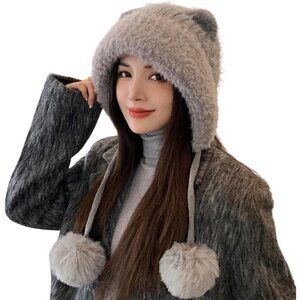 Women Gray 2 Winter Sherpa Beanie Hats Knit Ear Flaps Peruvian Cover Ears
